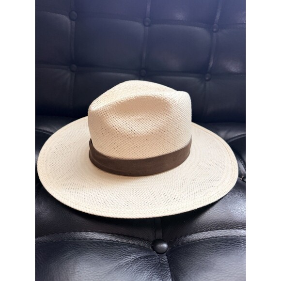 Janessa Leone Marcell Hat M Bleach White Straw Fedora Brown Suede Band USA Chic main image 6